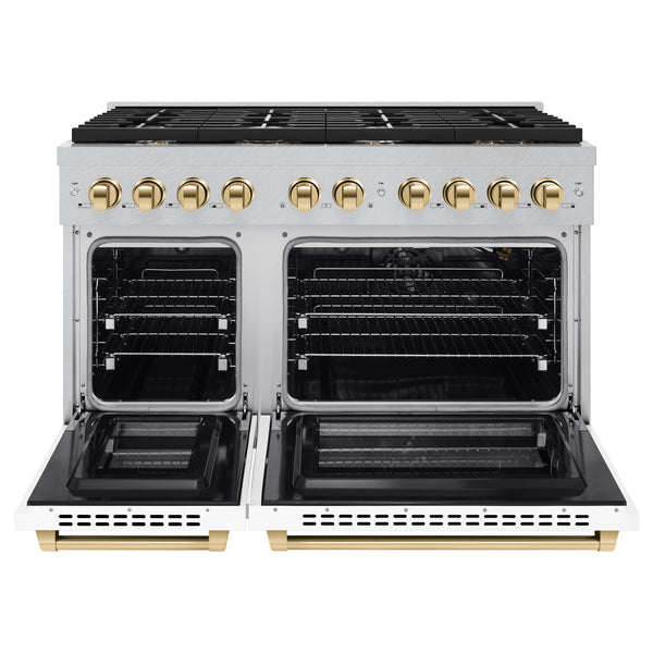 ZLINE Autograph Edition 48 in. 6.7 cu. ft. Paramount Double Oven Gas Range with 8 Burner Cooktop in Satin Stainless Steel with White Matte Doors and Polished Gold Accents (SGRSZ-WM-48-G)