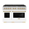 ZLINE Autograph Edition 48 in. 6.7 cu. ft. Paramount Double Oven Gas Range with 8 Burner Cooktop in Satin Stainless Steel with White Matte Doors and Polished Gold Accents (SGRSZ-WM-48-G)