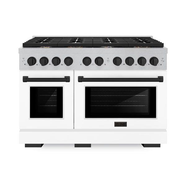 ZLINE Autograph Edition 48 in. 6.7 cu. ft. Paramount Double Oven Gas Range with 8 Burner Cooktop in Satin Stainless Steel with White Matte Doors and Matte Black Accents (SGRSZ-WM-48-MB)