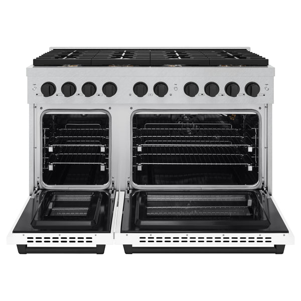 ZLINE Autograph Edition 48 in. 6.7 cu. ft. Paramount Double Oven Gas Range with 8 Burner Cooktop in Satin Stainless Steel with White Matte Doors and Matte Black Accents (SGRSZ-WM-48-MB)