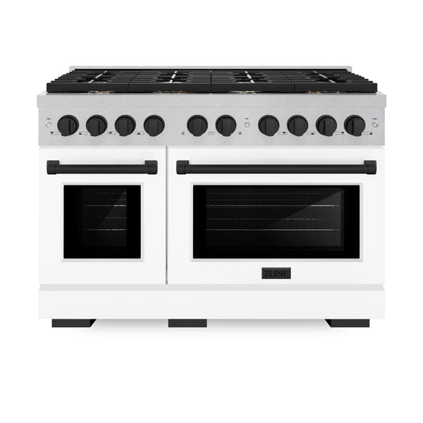 ZLINE Autograph Edition 48 in. 6.7 cu. ft. Paramount Double Oven Gas Range with 8 Burner Cooktop in Satin Stainless Steel with White Matte Doors and Matte Black Accents (SGRSZ-WM-48-MB)