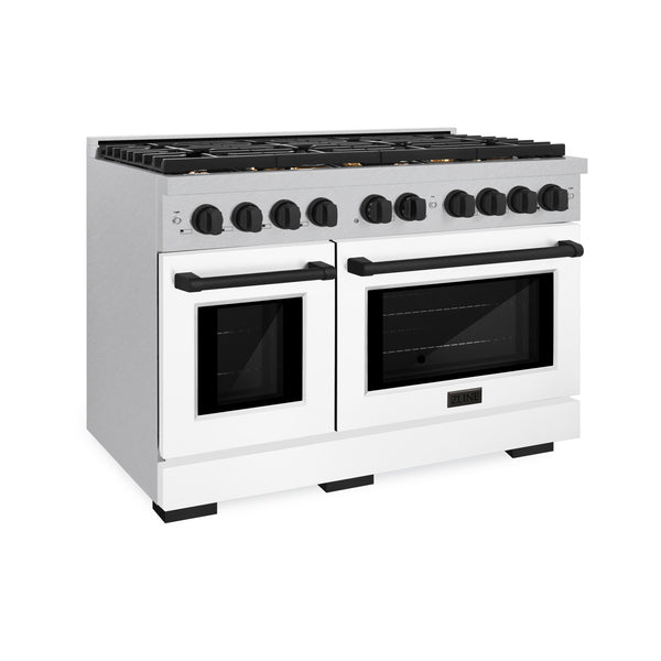 ZLINE Autograph Edition 48 in. 6.7 cu. ft. Paramount Double Oven Gas Range with 8 Burner Cooktop in Satin Stainless Steel with White Matte Doors and Matte Black Accents (SGRSZ-WM-48-MB)