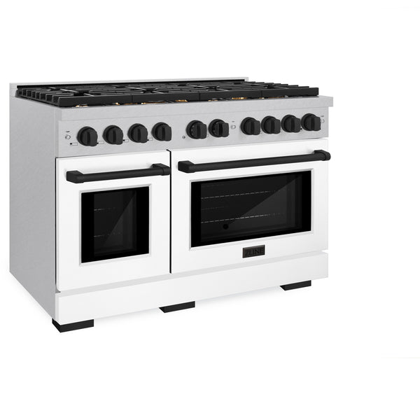 ZLINE Autograph Edition 48 in. 6.7 cu. ft. Paramount Double Oven Gas Range with 8 Burner Cooktop in Satin Stainless Steel with White Matte Doors and Matte Black Accents (SGRSZ-WM-48-MB)