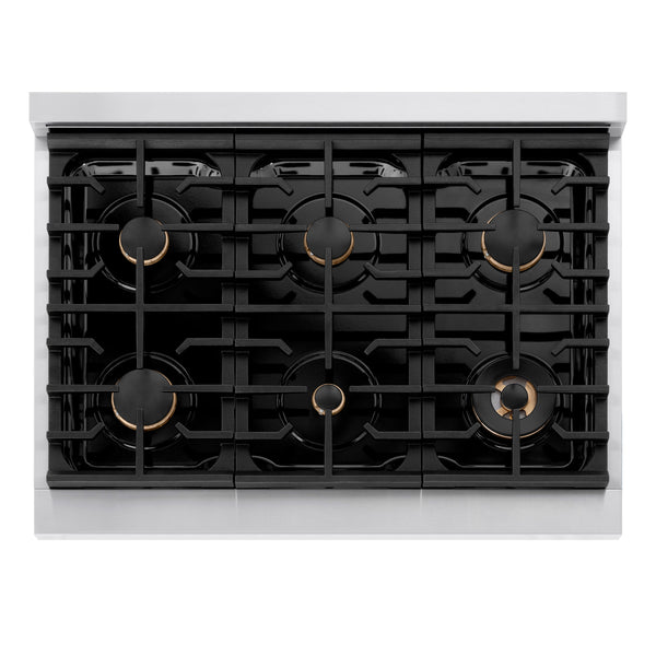 ZLINE Autograph Edition 36 in. 5.2 cu. ft. Paramount Gas Range with 6 Burner Cooktop and Convection Gas Oven in Stainless Steel with White Matte Door and Champagne Bronze Accents (SGRZ-WM-36-CB)