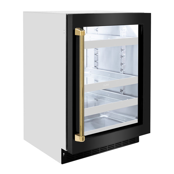 ZLINE Autograph Edition 24 in. Touchstone 151 Can Beverage Fridge with Black Stainless Steel Glass Door and Polished Gold Helix Handle (RBSOZ-BS-24-KG)