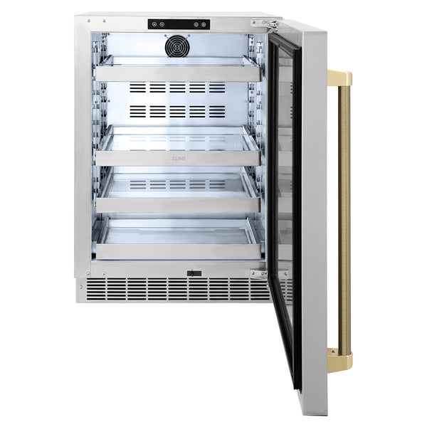 ZLINE Autograph Edition 24 in. Touchstone 151 Can Beverage Fridge with Solid Stainless Steel Door and Champagne Bronze Helix Handle (RBSOZ-ST-24-KCB)
