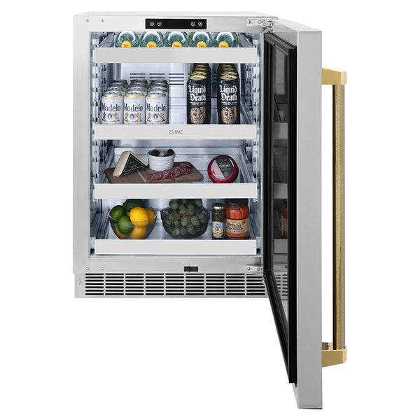 ZLINE Autograph Edition 24 in. Touchstone 151 Can Beverage Fridge with Solid Stainless Steel Door and Polished Gold Helix Handle (RBSOZ-ST-24-KG)