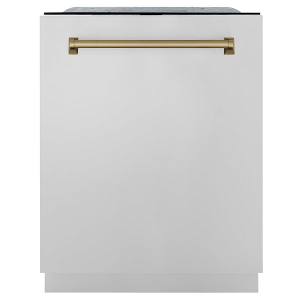 ZLINE Autograph Edition 24" Monument Series 3rd Rack Top Touch Control Tall Tub Dishwasher in Stainless Steel with Champagne Bronze Handle, 45dBa (DWMTZ-304-24-CB)