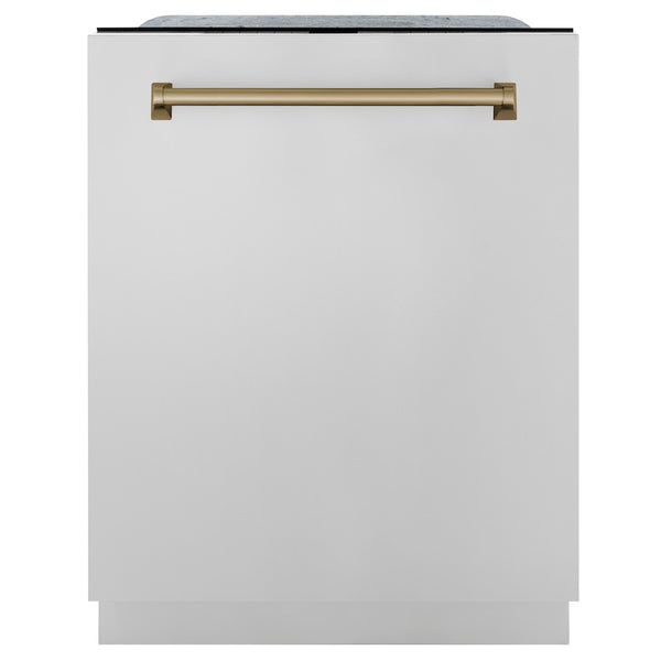 ZLINE Autograph Edition 24" Monument Series 3rd Rack Top Touch Control Tall Tub Dishwasher in Stainless Steel with Champagne Bronze Handle, 45dBa (DWMTZ-304-24-CB)