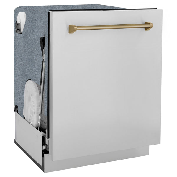 ZLINE Autograph Edition 24" Monument Series 3rd Rack Top Touch Control Tall Tub Dishwasher in Stainless Steel with Champagne Bronze Handle, 45dBa (DWMTZ-304-24-CB)
