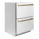 ZLINE Autograph Edition 24 in. Touchstone 168 Can Outdoor-Rated Dual Refrigerator Drawer with Stainless Steel Doors and Polished Gold Helix Handles (RDSOZ-ST-24-KG)