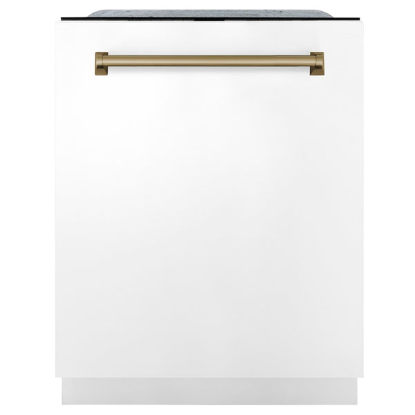ZLINE Autograph Edition 24" Monument Series 3rd Rack Top Touch Control Tall Tub Dishwasher in White Matte with Champagne Bronze Handle, 45dBa (DWMTZ-WM-24-CB)