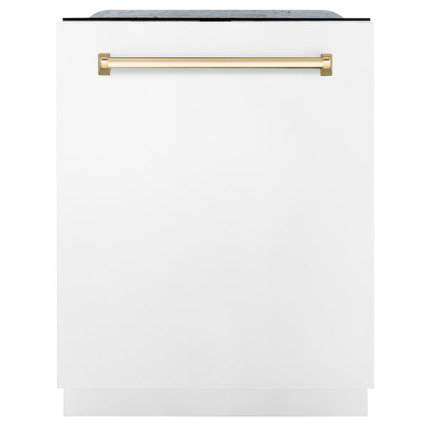 ZLINE Autograph Edition 24" Monument Series 3rd Rack Top Touch Control Tall Tub Dishwasher in White Matte with Polished Gold Handle, 45dBa (DWMTZ-WM-24-G)