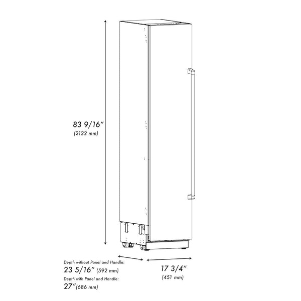 ZLINE 18 in. 8.6 cu. ft. Left Hinge Column Freezer in Black Stainless Steel with Graphite Gray Interior (RCFVL-BS-18) dimensional diagram.