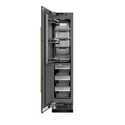ZLINE Autograph Edition 18 in. 8.6 cu. ft. Left Hinge Column Freezer in Black Stainless Steel with Graphite Gray Interior and Champagne Bronze Accents (RCFVLZ-BS-18-CB) front, open.