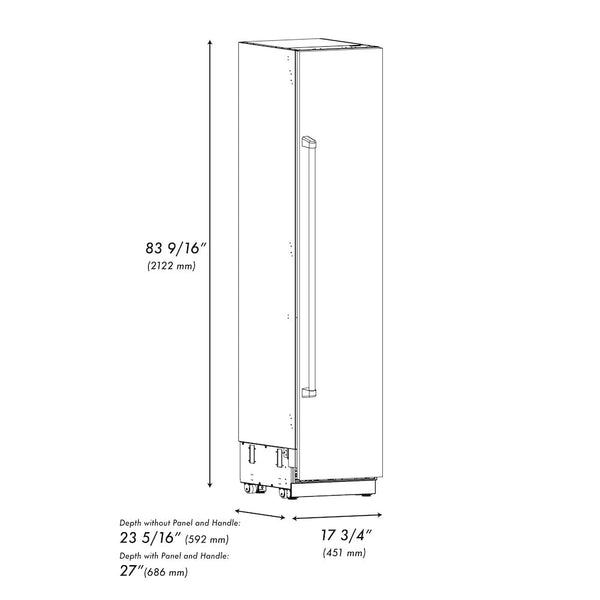 ZLINE 18 in. 8.6 cu. ft. Right Hinge Column Freezer in Black Stainless Steel with Graphite Gray Interior (RCFVR-BS-18) dimensional diagram.