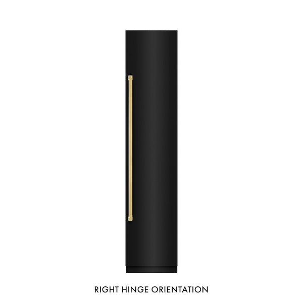 ZLINE Autograph Edition 18 in. 8.6 cu. ft. Right Hinge Column Freezer in Black Stainless Steel with Graphite Gray Interior and Polished Gold Accents (RCFVRZ-BS-18-G) front, closed.