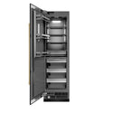 ZLINE Autograph Edition 24 in. 12.4 cu. ft. Column Freezer in Black Stainless Steel with Graphite Gray Interior and Champagne Bronze Accents (RCFVZ-BS-24-CB) front, open.