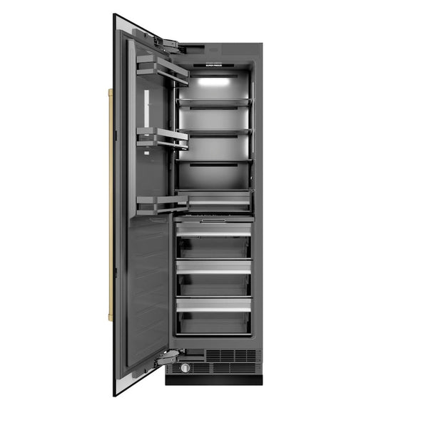 ZLINE Autograph Edition 24 in. 12.4 cu. ft. Column Freezer in Black Stainless Steel with Graphite Gray Interior and Champagne Bronze Accents (RCFVZ-BS-24-CB) front, open.