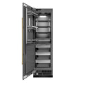ZLINE Autograph Edition 24 in. 12.4 cu. ft. Column Freezer in Black Stainless Steel with Graphite Gray Interior and Polished Gold Accents (RCFVZ-BS-24-G) front, open.
