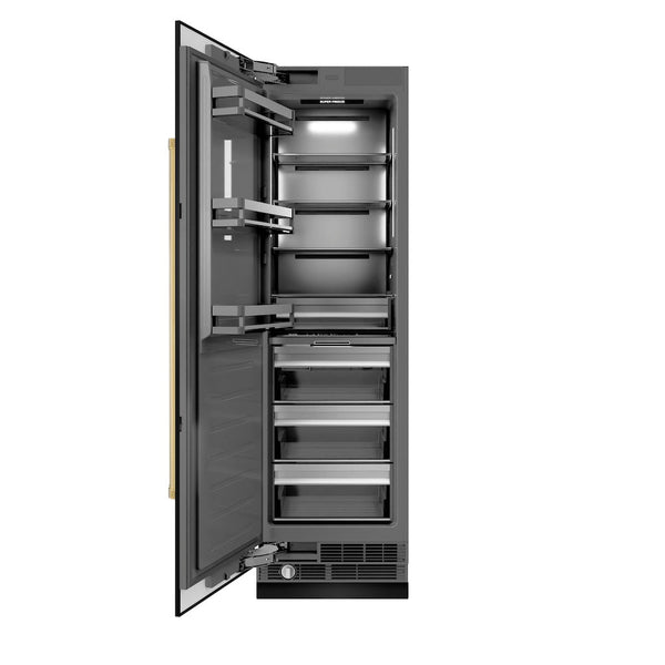 ZLINE Autograph Edition 24 in. 12.4 cu. ft. Column Freezer in Black Stainless Steel with Graphite Gray Interior and Polished Gold Accents (RCFVZ-BS-24-G) front, open.