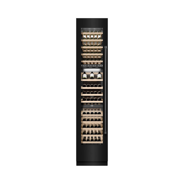 ZLINE 18 in. 9.0 cu. ft. Triple Zone 68 Bottle Left Hinge Column Wine Cooler in Black Stainless Steel (RCWVL-BS-18) front, closed, with wine on racks.