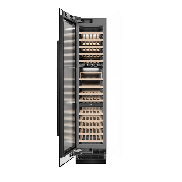 ZLINE 18 in. 9.0 cu. ft. Triple Zone 68 Bottle Left Hinge Column Wine Cooler in Black Stainless Steel (RCWVL-BS-18) front, open.