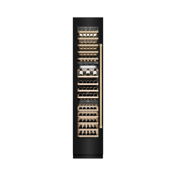ZLINE Autograph Edition 18 in. 9.0 cu. ft. Triple Zone 68 Bottle Left Hinge Column Wine Cooler in Black Stainless Steel with Champagne Bronze Accents (RCWVLZ-BS-18-CB) front, closed, with wine on racks.