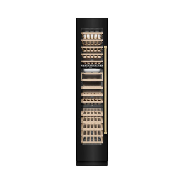 ZLINE Autograph Edition 18 in. 9.0 cu. ft. Triple Zone 68 Bottle Left Hinge Column Wine Cooler in Black Stainless Steel with Champagne Bronze Accents (RCWVLZ-BS-18-CB) front, closed.