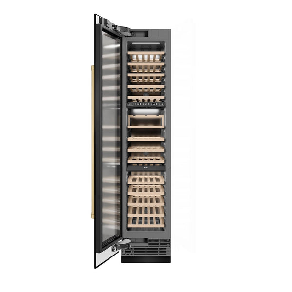 ZLINE Autograph Edition 18 in. 9.0 cu. ft. Triple Zone 68 Bottle Left Hinge Column Wine Cooler in Black Stainless Steel with Champagne Bronze Accents (RCWVLZ-BS-18-CB) front, open.