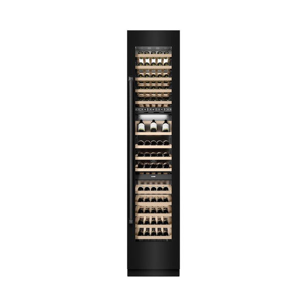ZLINE 18 in. 9.0 cu. ft. Triple Zone 68 Bottle Right Hinge Column Wine Cooler in Black Stainless Steel (RCWVR-BS-18) front, closed, with wine on racks.