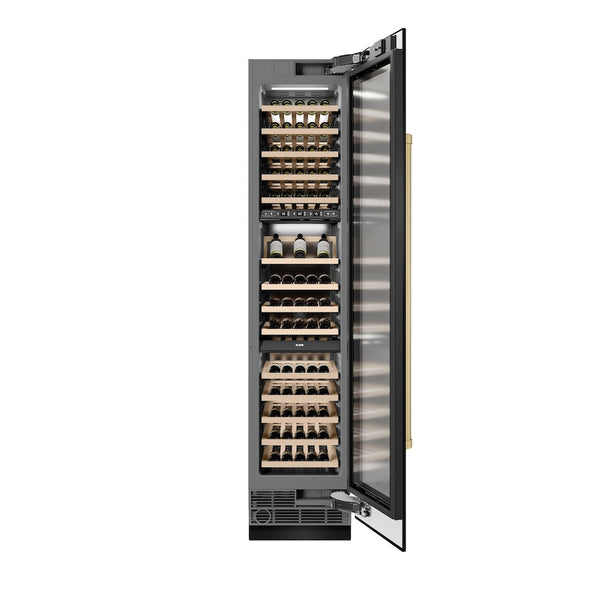 ZLINE Autograph Edition 18 in. 9.0 cu. ft. Triple Zone 68 Bottle Right Hinge Column Wine Cooler in Black Stainless Steel with Champagne Bronze Accents (RCWVRZ-BS-18-CB) front, open, with wine on racks.