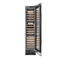 ZLINE Autograph Edition 18 in. 9.0 cu. ft. Triple Zone 68 Bottle Right Hinge Column Wine Cooler in Black Stainless Steel with Champagne Bronze Accents (RCWVRZ-BS-18-CB) front, open.