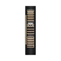 ZLINE Autograph Edition 18 in. 9.0 cu. ft. Triple Zone 68 Bottle Right Hinge Column Wine Cooler in Black Stainless Steel with Polished Gold Accents (RCWVRZ-BS-18-G) front, closed, with wine on racks.