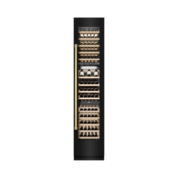 ZLINE Autograph Edition 18 in. 9.0 cu. ft. Triple Zone 68 Bottle Right Hinge Column Wine Cooler in Black Stainless Steel with Polished Gold Accents (RCWVRZ-BS-18-G) front, closed, with wine on racks.