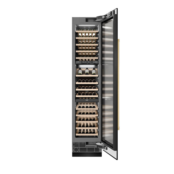 ZLINE Autograph Edition 18 in. 9.0 cu. ft. Triple Zone 68 Bottle Right Hinge Column Wine Cooler in Black Stainless Steel with Polished Gold Accents (RCWVRZ-BS-18-G) front, open, with wine on racks.