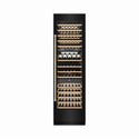 ZLINE Autograph Edition 24 in. 12.4 cu. ft. Triple Zone 100 Bottle Column Wine Cooler in Black Stainless Steel and Champagne Bronze Accents (RCWVZ-BS-24-CB) front, closed, with wine on racks.