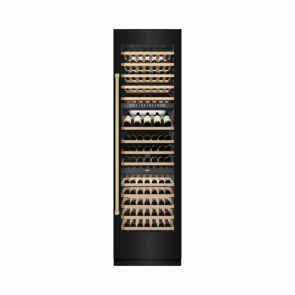 ZLINE Autograph Edition 24 in. 12.4 cu. ft. Triple Zone 100 Bottle Column Wine Cooler in Black Stainless Steel and Champagne Bronze Accents (RCWVZ-BS-24-CB) front, closed, with wine on racks.