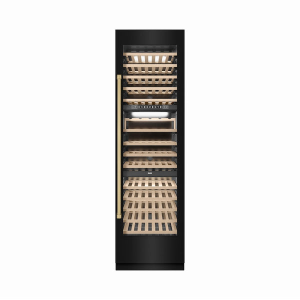 ZLINE Autograph Edition 24 in. 12.4 cu. ft. Triple Zone 100 Bottle Column Wine Cooler in Black Stainless Steel and Champagne Bronze Accents (RCWVZ-BS-24-CB) front, closed.