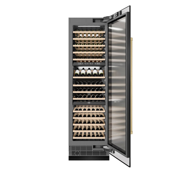 ZLINE Autograph Edition 24 in. 12.4 cu. ft. Triple Zone 100 Bottle Column Wine Cooler in Black Stainless Steel and Champagne Bronze Accents (RCWVZ-BS-24-CB) front, open, with wine on racks.