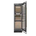 ZLINE Autograph Edition 24 in. 12.4 cu. ft. Triple Zone 100 Bottle Column Wine Cooler in Black Stainless Steel and Champagne Bronze Accents (RCWVZ-BS-24-CB) front, open.