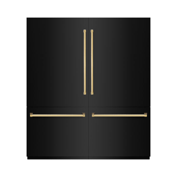 ZLINE Autograph Edition 72 in. 39.6 cu. ft. French Door Built-In Bottom Freezer Refrigerator with Water Dispensers and Ice Makers in Black Stainless Steel with Graphite Gray Interior and Polished Gold Accents (GRBITZ-BS-72-G)