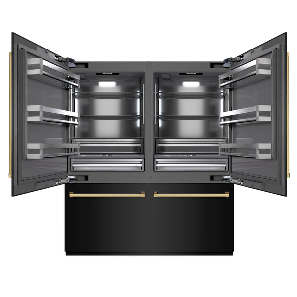 ZLINE Autograph Edition 72 in. 39.6 cu. ft. French Door Built-In Bottom Freezer Refrigerator with Water Dispensers and Ice Makers in Black Stainless Steel with Graphite Gray Interior and Polished Gold Accents (GRBITZ-BS-72-G)