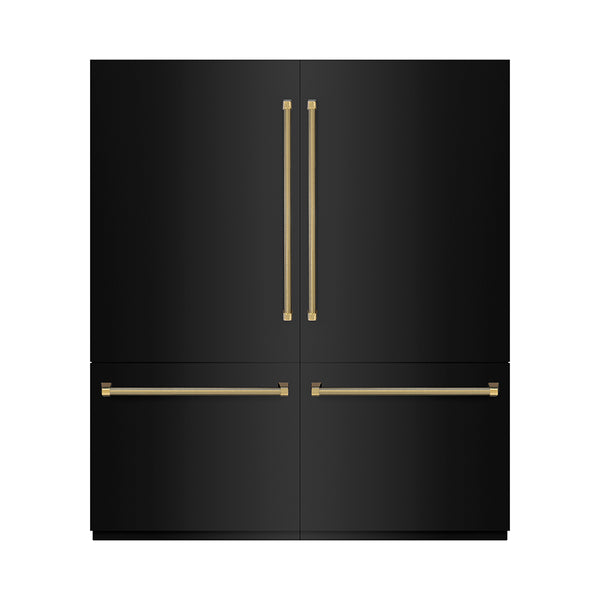 ZLINE Autograph Edition 72 in. 39.6 cu. ft. French Door Built-In Bottom Freezer Refrigerator with Water Dispensers and Ice Makers in Black Stainless Steel with Graphite Gray Interior and Polished Gold Helix Handles (GRBITZ-BS-72-KG)