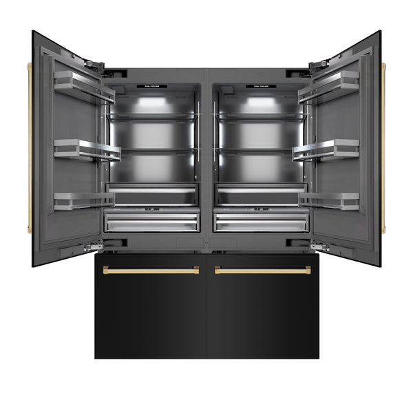 ZLINE Autograph Edition 60 in. 32.2 cu. ft. French Door Built-In Bottom Freezer Refrigerator with Water Dispenser and Ice Maker in Black Stainless Steel with Graphite Gray Interior and Polished Gold Accents (GRBIVZ-BS-60-G)