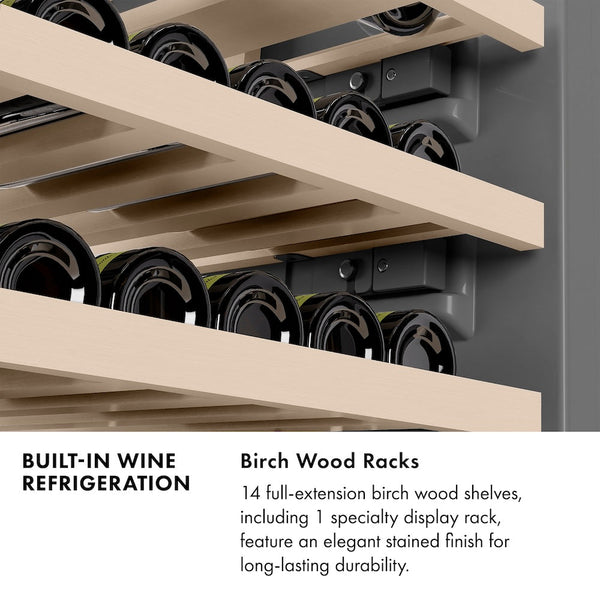 Wine refrigeration infographic, wooden wine racks. Text: Birch Wood Racks. 14 full-extension birch wood shelves, including 1 specialty display rack, with an elegant stained finish offering unmatched luxury and long-lasting durability.