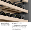 Wine refrigeration infographic, wooden wine racks. Text: Birch Wood Racks. 14 full-extension birch wood shelves, including 1 specialty display rack, with an elegant stained finish offering unmatched luxury and long-lasting durability.