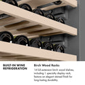 Wine refrigeration infographic, wooden wine racks. Text: Birch Wood Racks. 14 full-extension birch wood shelves, including 1 specialty display rack, with an elegant stained finish offering unmatched luxury and long-lasting durability.