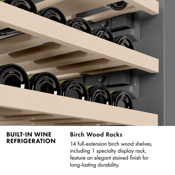 Wine refrigeration infographic, wooden wine racks. Text: Birch Wood Racks. 14 full-extension birch wood shelves, including 1 specialty display rack, with an elegant stained finish offering unmatched luxury and long-lasting durability.