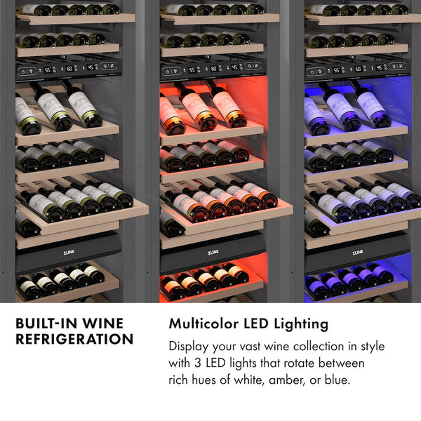 Wine refrigeration infographic, LED lighting. Text: Multicolor LED Lighting. Display your robust wine collection in style with 3 LED lights that rotate between rich hues of white, amber, or blue and feature 7 brightness levels.